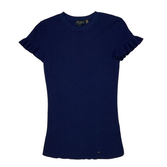 Ted Baker Tashhaa Frill Rib Knit Top Sweater 2 US/S Navy - Picture 13 of 13